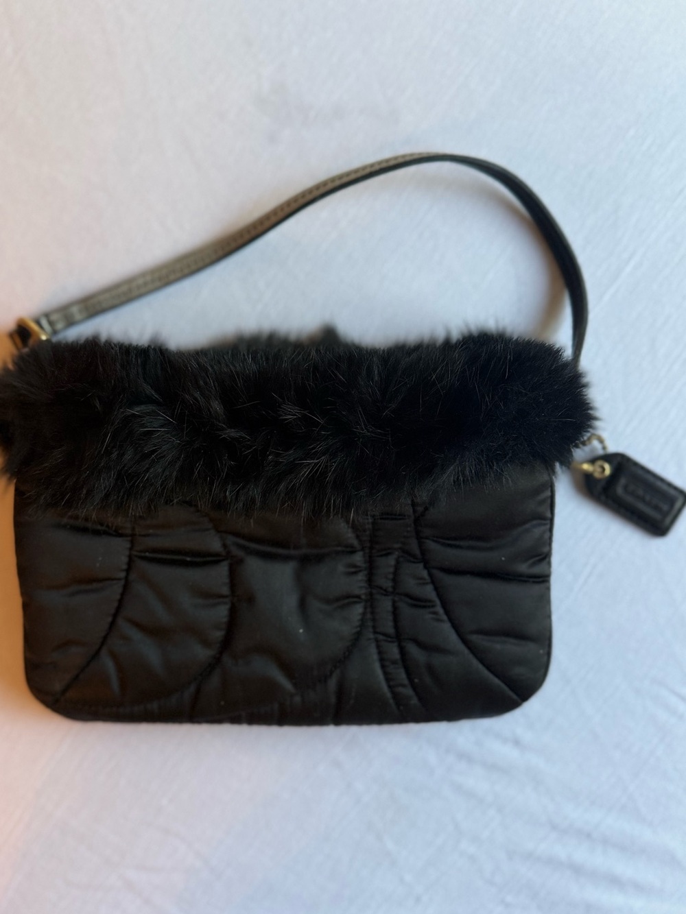 Vintage Y2K Coach Black Fur-Trimmed Nylon Wristlet Clutch — RARE